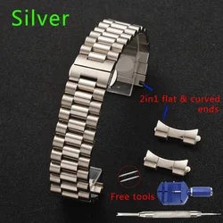Premium Solid Stainless Steel Watch Band Replacement Strap with 3 - Row Design and Tool Kit - 22mm (Silver)