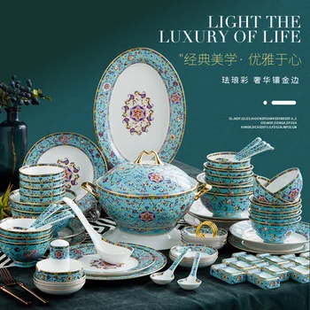 

Light Luxury Bone China Tableware Enamel Color Plate and Dish Set Jingdezhen Tableware High-end Gift Wholesale Household Bowl