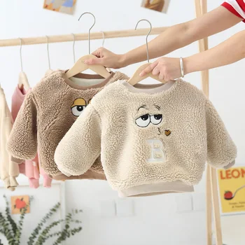 

WLG girls winter tops kids velvet thick cartoon beige coffee hoodies baby girl warm casual clothes