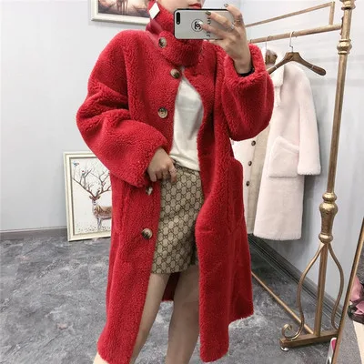 red Новинка, гранулированное шерстяное пальто для стрижки овец, Женская шерстяная куртка для холодной зимы, плотное меховое пальто, размер большой, не осенний мех длиннее, F1102 - Цвет: red