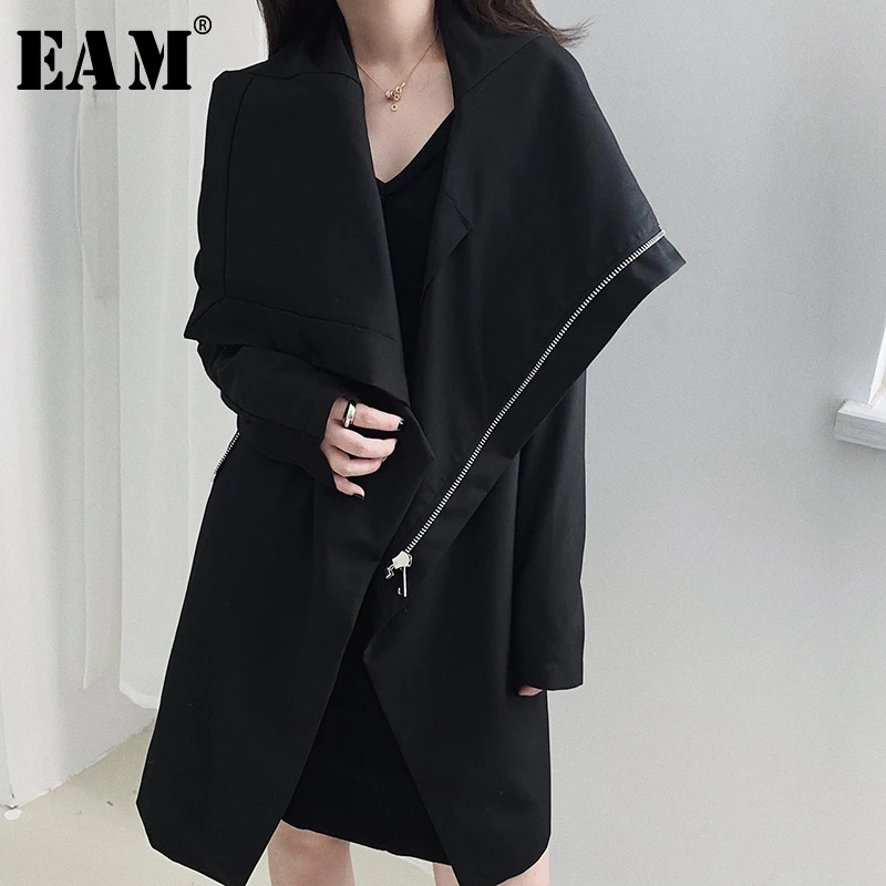 

[EAM] Loose Fit Black Zipper Split Long Temperament Jacket New Lapel Long Sleeve Women Coat Fashion Tide Spring 2020 1R192