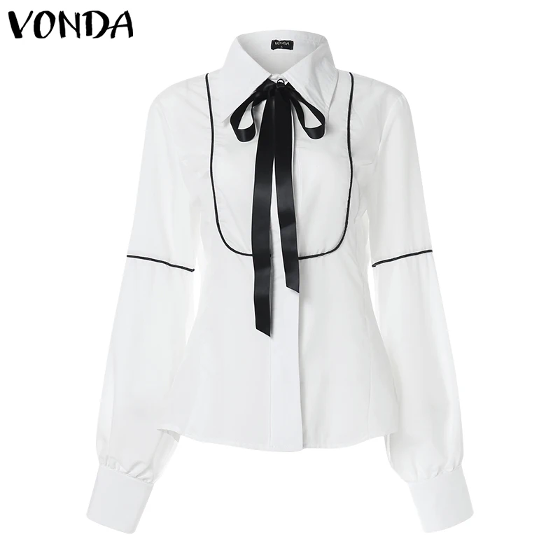 VONDA размера плюс Офисная Женская рубашка Осенняя блузка женская сексуальная рубашка с отворотом и рукавом-фонариком Женский Топ Blusas Femininas