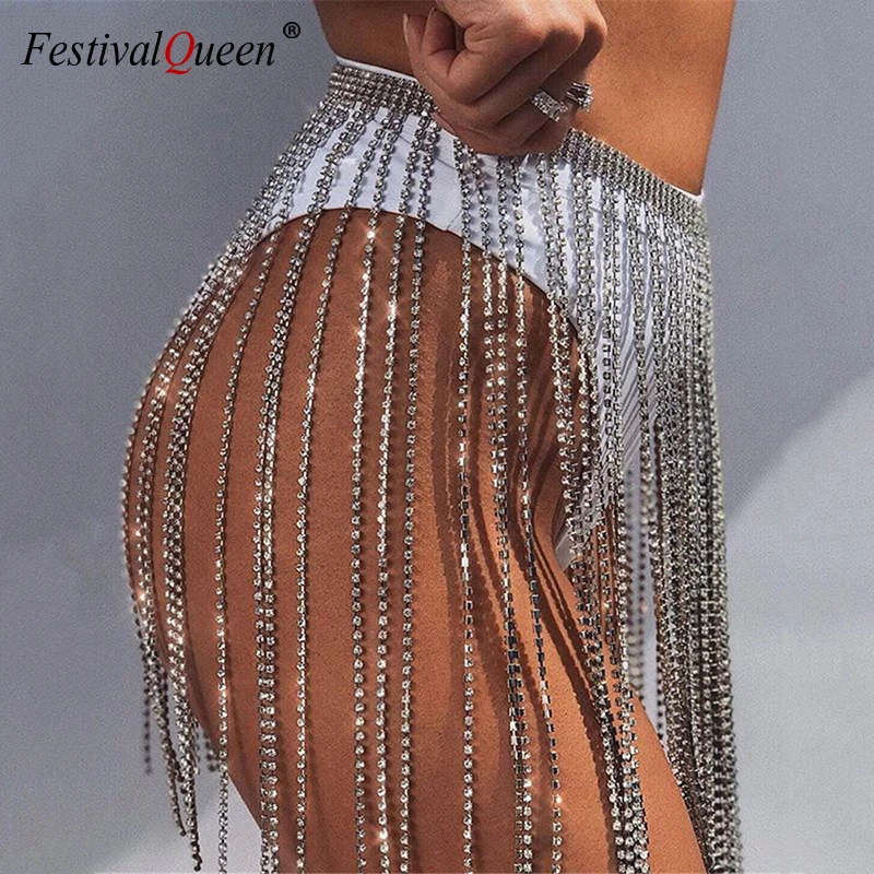 Glitter Rhinestone Long Tassel Skirts Gold Silver Crystal Diamonds Loose Adjustable Sexy Women Summer Beach Bikini Mini Skirt