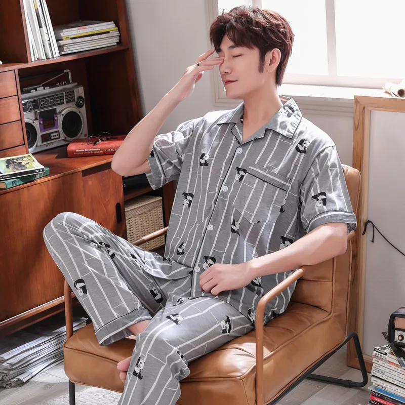 

Pajamas Men Summer Cotton Short Sleeve Trousers Tracksuit Summer Thin Casual Plus-sized Set 2910