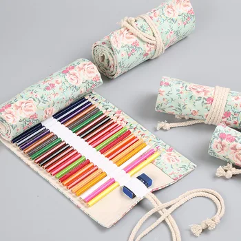 

50pcs Cute School Pencil Case 24/36/48/72 Holes Roll Pencilcase Canvas Pencil Bag Large Pen Comestic Box Pouch Supplies