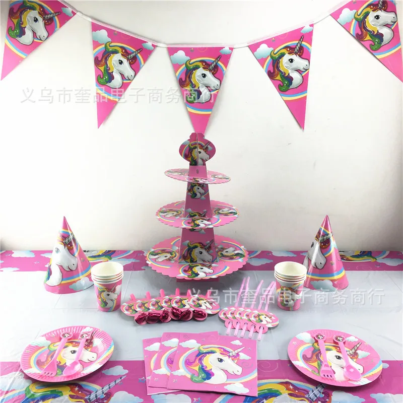 

Unicorn Birthday Party Decors Disposable Tableware Kit Unicorn Balloon Cups Plates Napkin Kids Birthday Unicornio Party Supplies