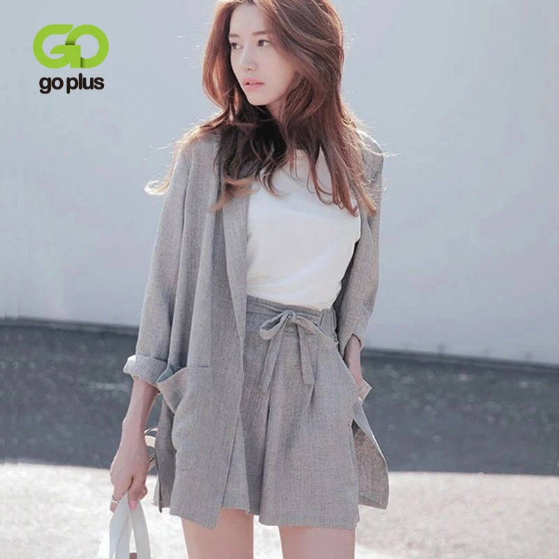 

GOPLUS Two Piece Set Korean Style Plus Size Single Buttons Turn-down Collar Coat Elastic High Waist Shorts Two Piece Set Women