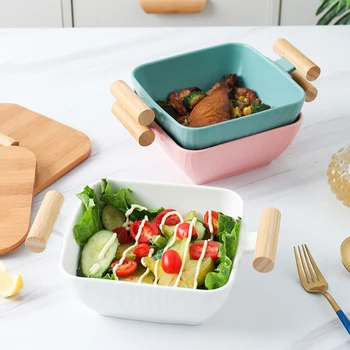 

Ceramic Square Soup Bowl Kitchen Storage Tool with Lid Large Capacity Tableware Binaural Fruit Salad Plate Christmas Plate