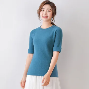

New ladies solid color round neck short sleeve knitted T-shirt for women