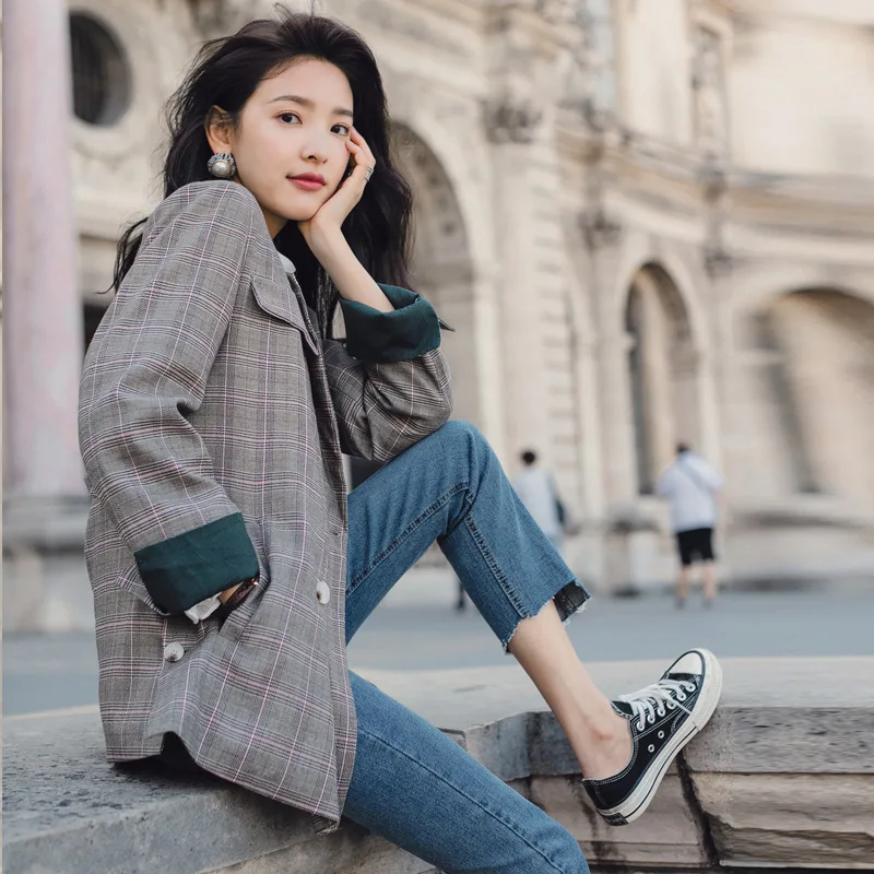 

2019 New Style Spring Clothing CHIC Long Sleeve Plaid Suit Jacket Women's Korean-style Casual Loose-Fit Short Suit Tops