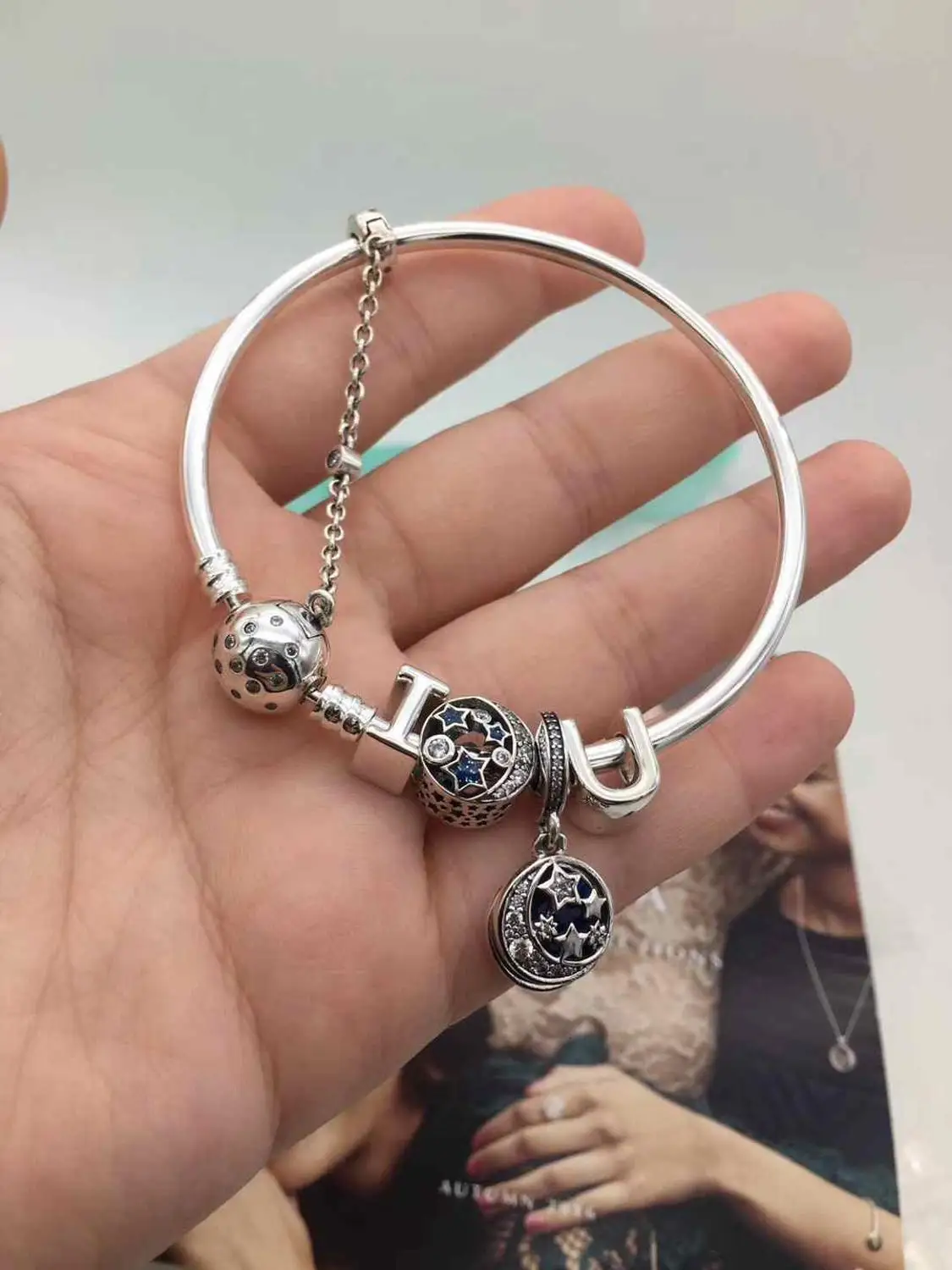 Keris Store Высокое качество 1:1 100% 925 пробы Серебряный Браслет Звезда Луна письмо
