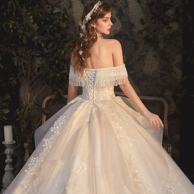 LDR44 Court Off-shoulder Tassel Wedding Dress 2021 New Bridal Tail Transparent Lace V-neck Princess Luxury Elegant Gown 6