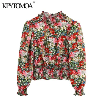 

KPYTOMOA Women 2020 Fashion Floral Print Cropped Blouses Vintage High Collar Puff Sleeve Elastic Cuffs Female Shirts Chic Tops