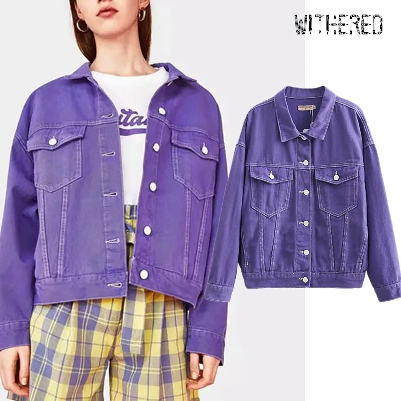 Увядшая зимняя джинсовая куртка для женщин BTS high street Фиолетовый однобортный оверсайз casaco feminino jaqueta feminina куртка для женщин