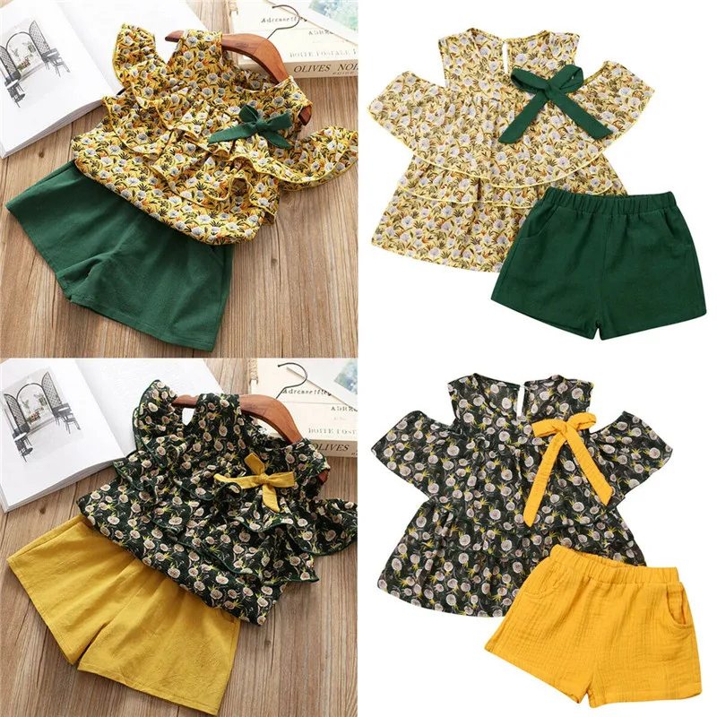 

0-5Y Princess Girls Clothes Sets Kids Baby Girl Outfits Off Shoulder Ruffles Flowers Tops Bow T-shirt+Shorts 2Pcs Kids Girl Sets