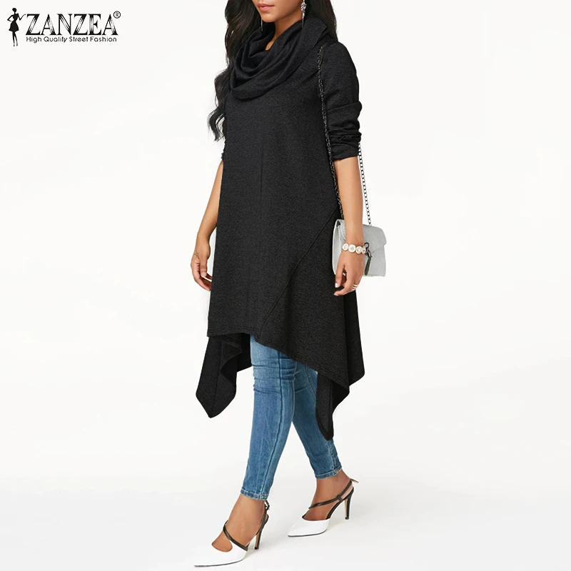 ZANZEA Women Sweatshirt Vintage Turtleneck Hoodies Sweatshirts Plus Size Ladies Asymmetric Hoodie Pockets Long Sudadera Mujer