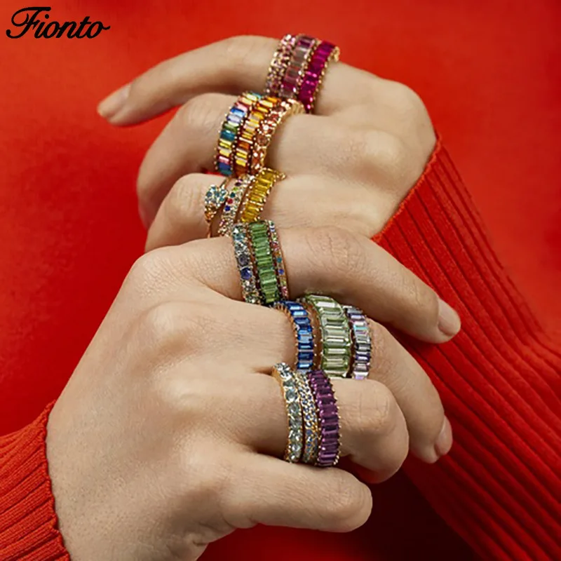 

FIONTO 2019 Hot Sale Rainbow Ring Silver 925 Thin Gold Ring Line Micro Pave Cz Eternity 9 Colors Stack Rainbow Women Ring CA4583