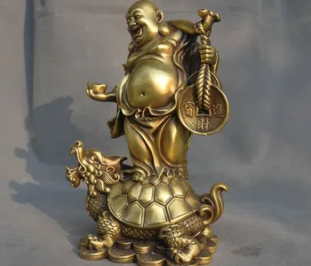 

old Chinese Feng Shui brass wealth Dragon turtle laughter Maitreya Buddha Statue