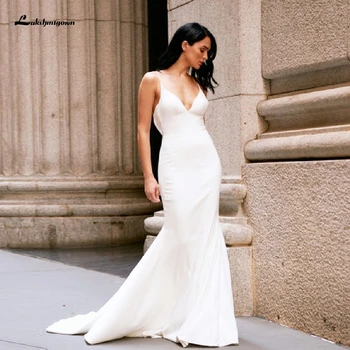 Vestido de novia de sirena con escote en v, elegante, espalda abierta, de satín, barato, 2020