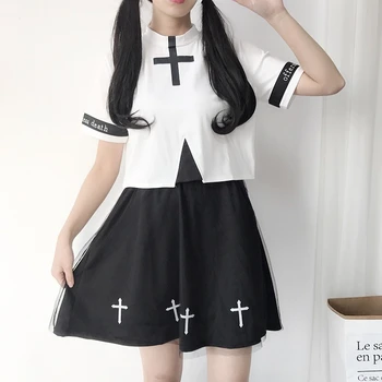 

New Japanese Women's Suit Crop Tops Color Matching Black And White Girl's Cross Series Top + Tulle Skirt Summer Two Sets Mujer