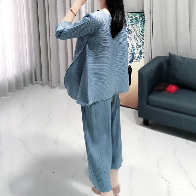 [EAM] 2020 New Spring Vintage O Collar Loose Three Quarter Sleeve Tops Full Length Pants Suit Summer Women Fashion Tide OA979