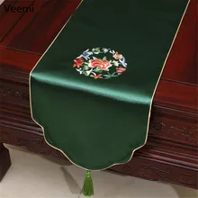 Классический китайский Стиль вышивка настольная дорожка с цветами шелк черновато зеленый настольный флаг крышка украшение для дома с Ленточки