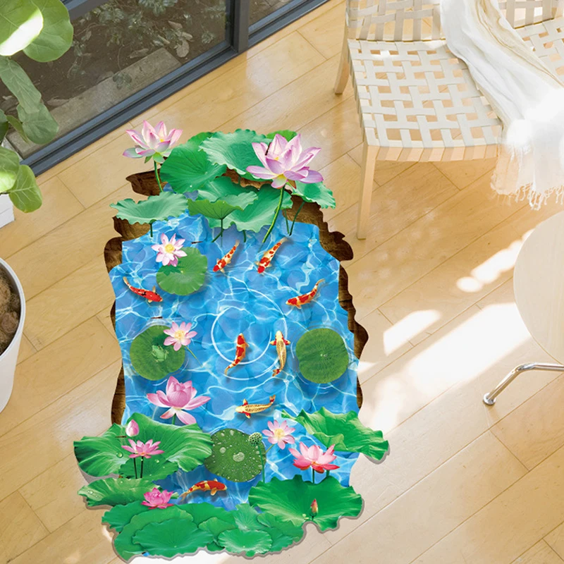 3D Лотос пруд рыбы пол наклейки водонепроницаемый ванная комната Душ гостиная настенные декоративные наклейки для домашнего декора обои плакаты