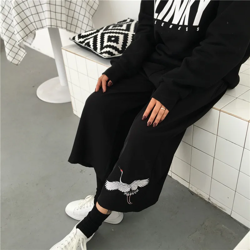 Woherb Harajuku BF широкие брюки для женщин с вышивкой повседневные свободные брюки длиной до щиколотки Высокая талия уличная мода новинка 91315