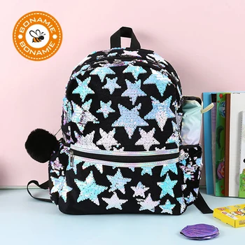 

BONAMIE New Girls Cartoon Backpack Black Laser Sequins Star Backpack Female Student Casual Girl Book Bag Large Capacity Bag New