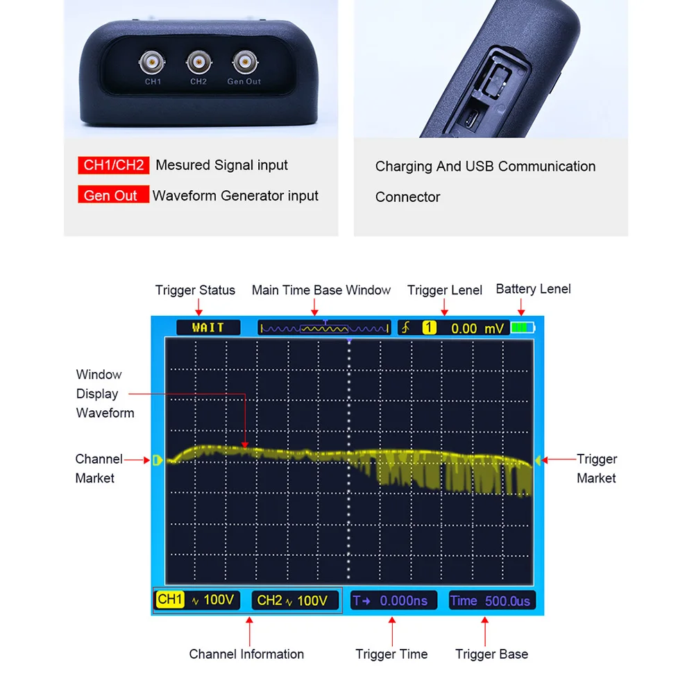 Hantek 3в1 цифровой осциллограф+ генератор сигналов+ мультиметр портативный USB 2 канала
