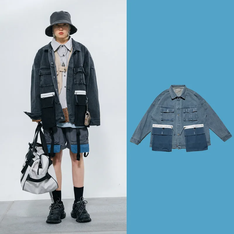 

Men Multi-pockets Splice Loose Casual Denim Jacket Male Streetwear Hip Hop Fashion Cargo Jean Jackets Coats Autumn Outerwear