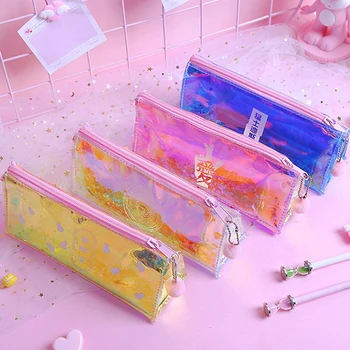 

Cosmetics Bags Simple Transparent Laser Pencil Case Portable Reflective Quicksand Laser Make Up Toiletry Pouch Women Storage Bag