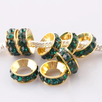 

100pcs Dark Green Rhinestone Crystal Gold Color Metal Spacer Large Hole Charms Beads For Making Jewelry European Bracelet