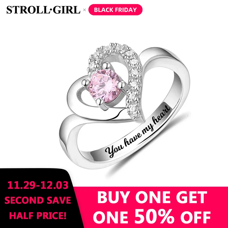 StrollGirl 100%925 Sterling Silver Personalized Classic Heart Shaped Engraved Ring Birthstone Ring Mother's Day Gift Free shippi