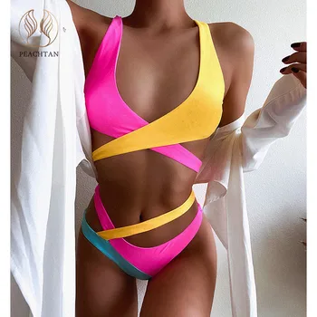 

Peachtan Patchwork push up bikinis 2020 mujer Bandage swimsuit women Hollow out swimsuit women High cut bathing suit Beach wear