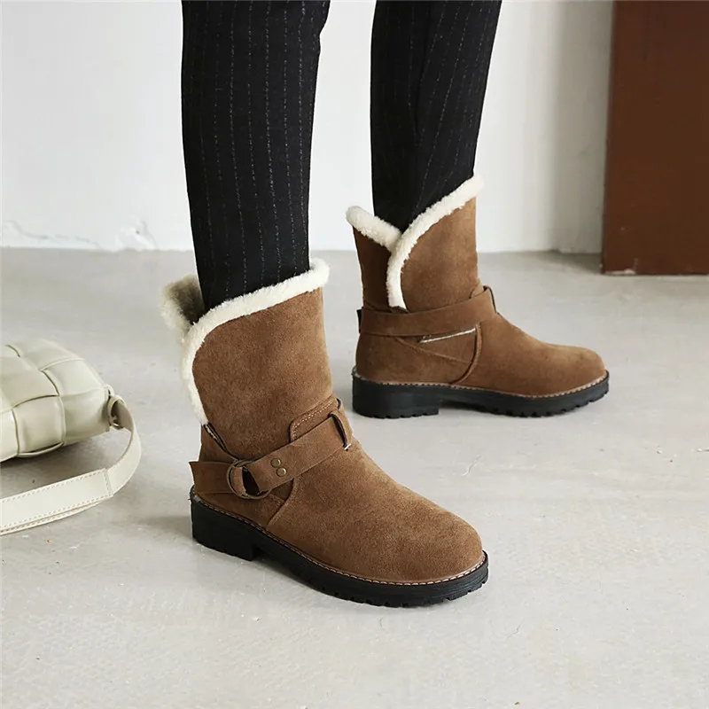 

YMECHIC 2023 Winter Fashion Buckle Strap Ankle Boots Warm Plush Thick Black Faux Nubuck Chunky Heel Snow Booties women Shoes 43