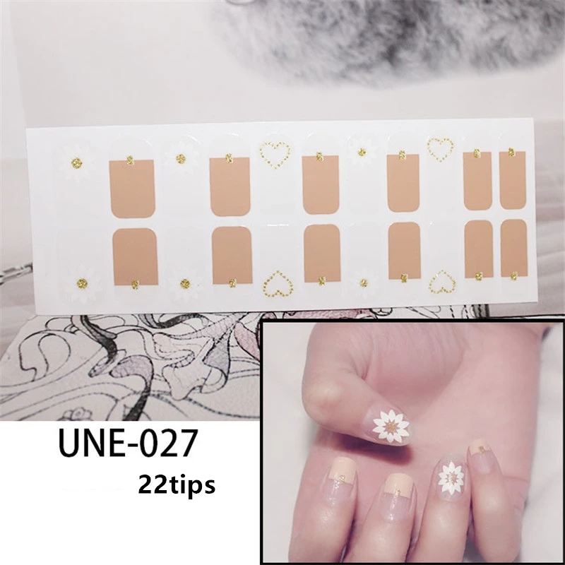 22 Типсы/лист для дизайна ногтей, полное покрытие, самоклеющиеся наклейки, полированная фольга, Переводные советы, обертывания, 3D Водонепроницаемый Маникюр-наклейки для ногтей - Цвет: UNE027