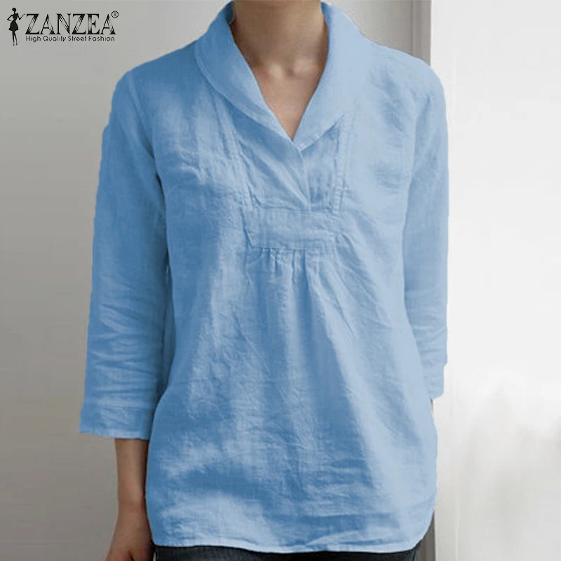 Blue ZANZEA, элегантная женская хлопковая льняная рубашка с отворотом на шее, Летняя туника с рукавом 3/4, топы, повседневные женские блузы с v-образным вырезом размера плюс, блузка 5XL - Цвет: Blue