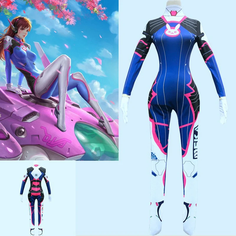 Overwatch Косплей DVA костюм Dva парик костюм спандекс лайкра Zentai боди для женщин полный тело Хэллоуин Карнавальный костюм для вечеринки