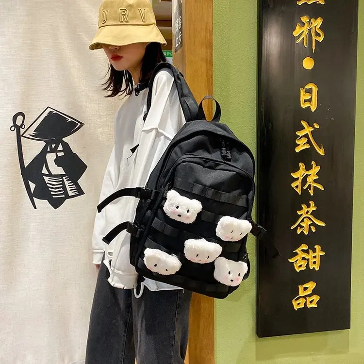 Preppy Students Kawaii Bear Backpack Large Capacity Button Travel Bag Solid Simple Harajuku Fashion Retro Unisex High Street Bag