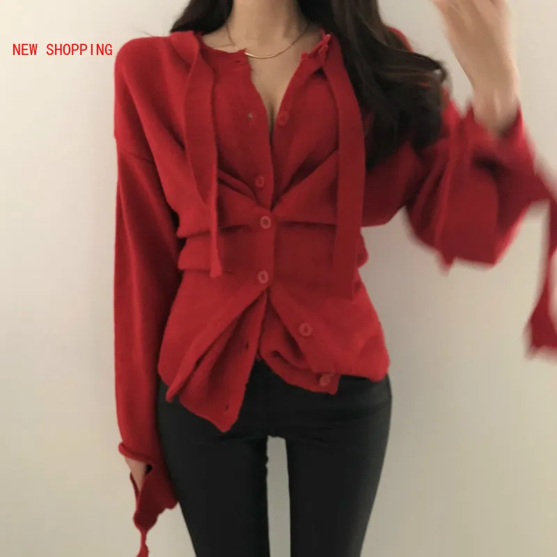 

2020 Women Autumn Winter Xmas Sweaters Sexy V Neck Pleated Solid Knit Jumper Christmas Casual Korean Chic Bandage Sweaters Red