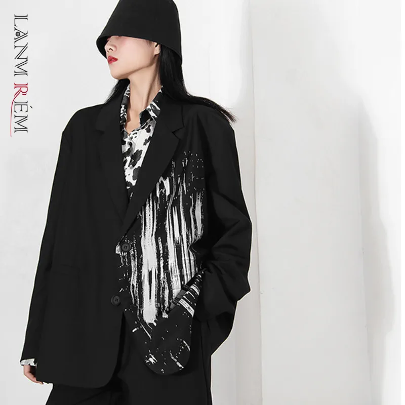 Костюм LANMREM женский в стиле оверсайз свободный длинный пиджак с черным принтом