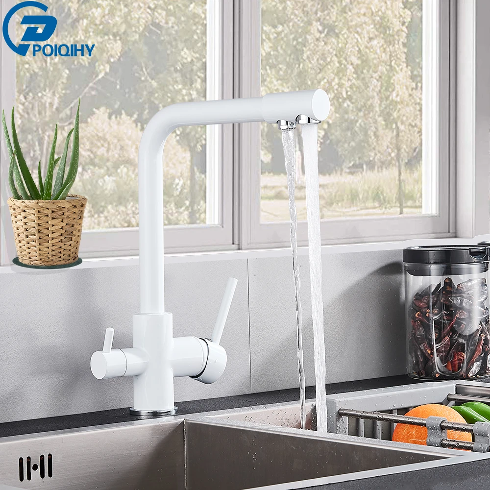 White Kitchen Faucet With Filtered Water Double Spout Water Purification Brass Kitchen Tap Sink Mixer Crane Drinking Faucet Kitchen Faucets AliExpress