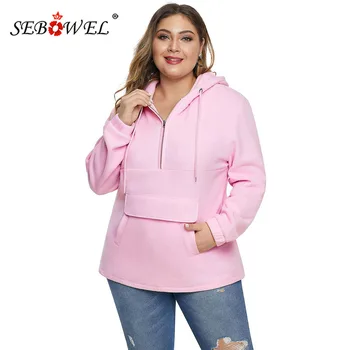 

SEBOWEL Autumn Woman Drawstring Plus Size Hooded Sweatshirt with Kangroo Pocket Female Large Size Long Sleeve Tops Sweatshirts