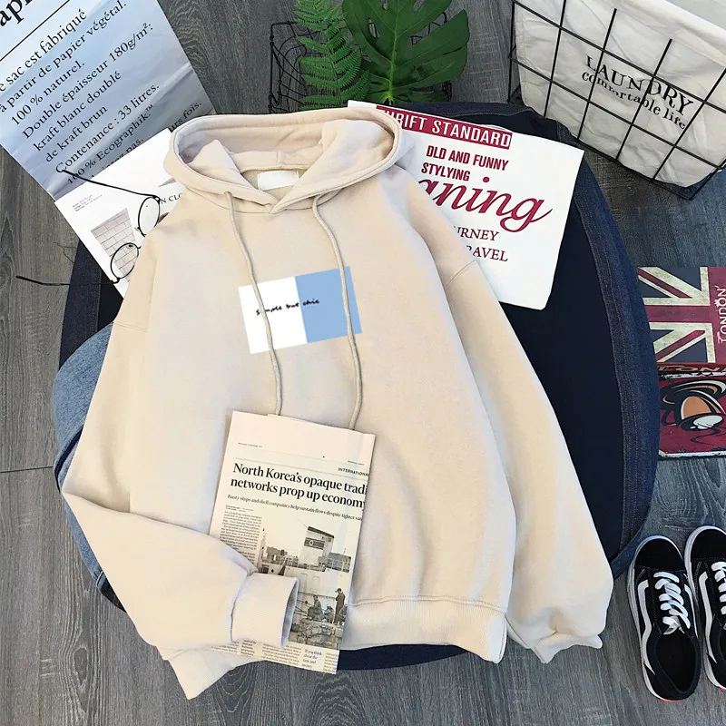 Зимняя женская толстовка с капюшоном, толстовка с принтом букв Harajuku, флисовый Женский пуловер, повседневный лаконичный студенческий свободный топ с длинными рукавами для женщин