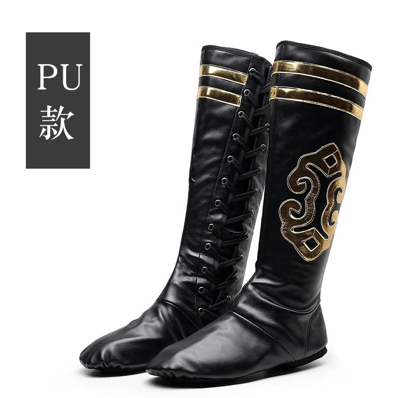 PU Leather Adult Мужские ботинки из натуральной и искусственной кожи черного цвета в монгольском стиле; Китайская вышивка; обувь для танцев; борец; тибетские национальные сценические ботинки - Цвет: PU Leather Adult