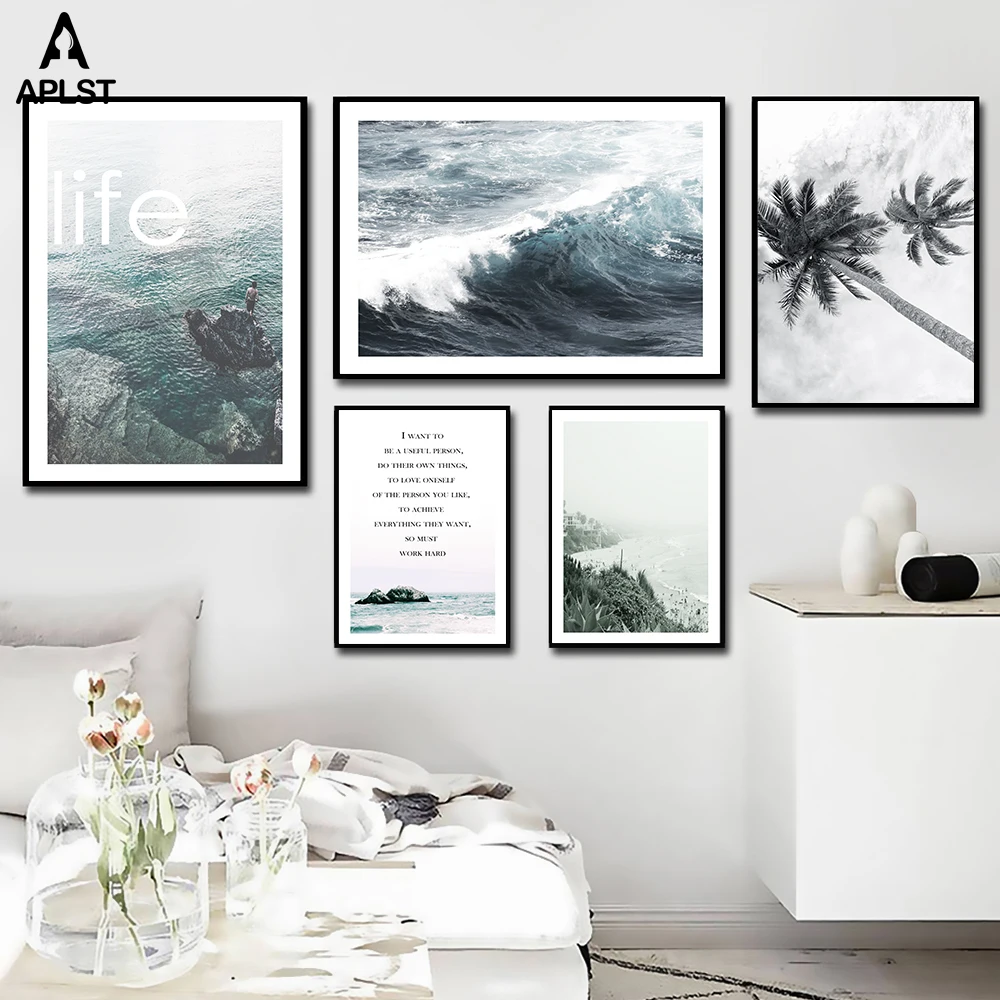 

Scandinavian Ocean Seascape Canvas Wall Art Poster Palm Tree Beach Life Quote Nordic Prints Paintings Pictures Living Room Decor