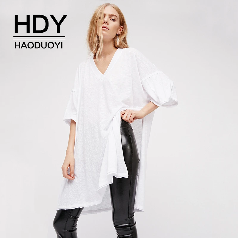 HDY Haoduoyi однотонная длинная свободная футболка для женщин девочек с v-образным