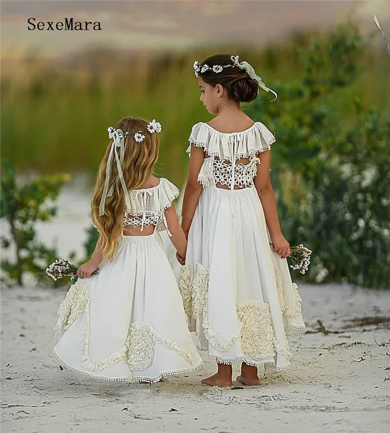 Милая белая одежда цвета слоновой кости для маленьких девочек на свадьбу, шифоновое кружевное маленькое религиозное платье для девочек с квадратным вырезом высокого качества