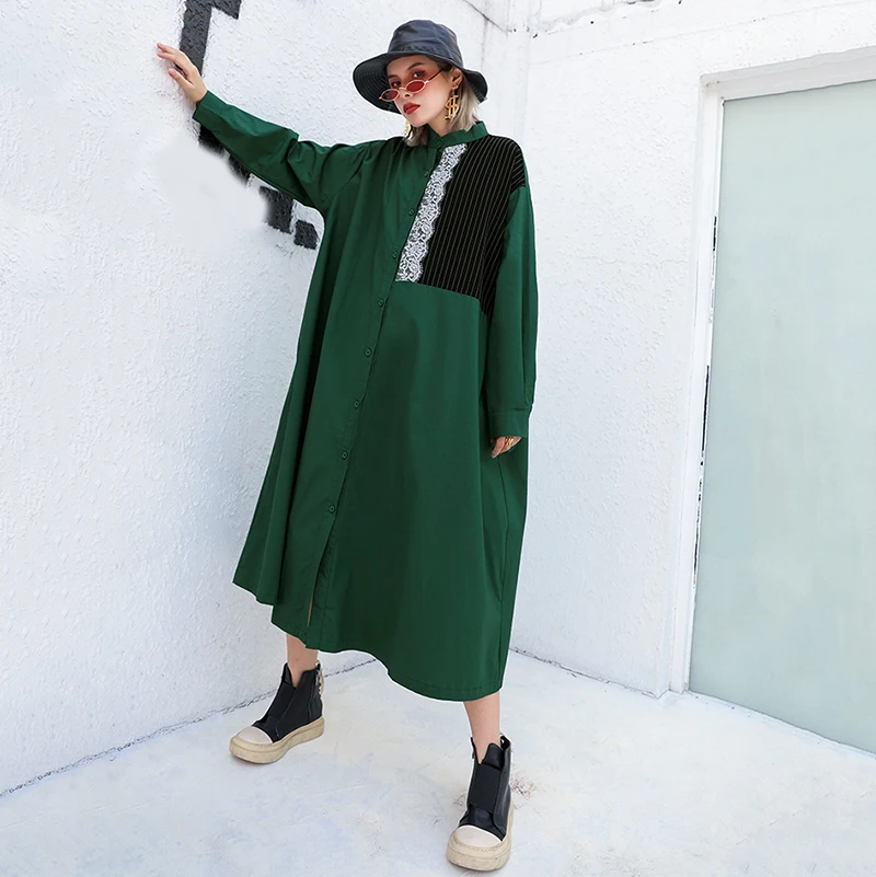 [EAM] женское зеленое кружевное Полосатое платье-рубашка большого размера, новинка, с отворотом, с длинным рукавом, свободный крой, мода, весна-осень, 1B319
